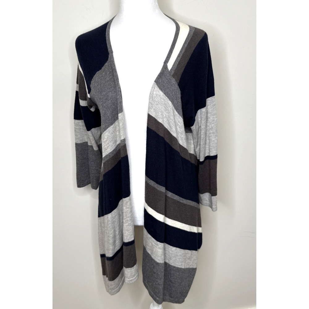 Chicos Open Front Cardigan Sweater‎ Asymmetrical Medium Blue Knit Quarter Sleeve